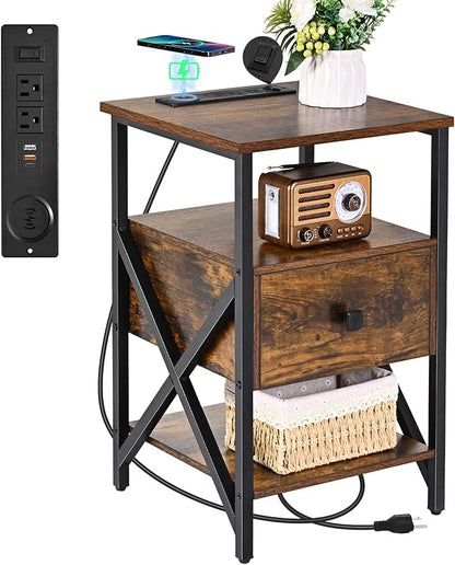 End Table with Wireless Charging, Charging End Table Bedside Table with Outlets, Charger Nightstand, Small End Table with Drawer, Night Stand with Storage for Bedroom, Living Room, Brown