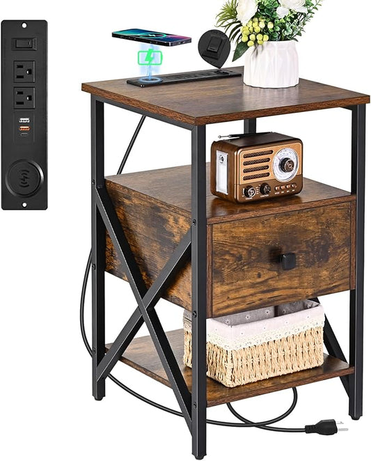 End Table with Wireless Charging, Charging End Table Bedside Table with Outlets, Charger Nightstand, Small End Table with Drawer, Night Stand with Storage for Bedroom, Living Room, Brown