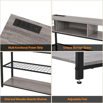 Narrow Entryway Console Table with Storage, Drawer and Charging Station - Behind Couch Table with Outlet and USB Ports for Living Room Foyer, Grey