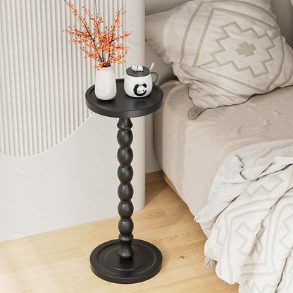 Rubber Wood‌ Small Side Table, Solid Wood‌ Round End Tables for Small Spaces, Martini Tables, Pedestal Drink Table for Living Room, Bedroom, Corners, and Office (Black, 9.4inch)