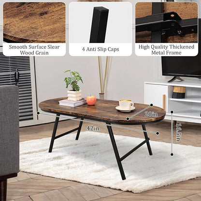 Folding Coffee Table for Living Room Industrial Brown Small Low Table Wooden Foldable Coffee Tables Oval Floor Desk Table for Small Spaces Home Office