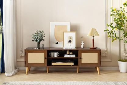 TV Stand for TVs up to 65 inches, Rattan Grain Finish Panel with 2 Storage cabinets, Modern Minimalist Style, Living Room, Audio-Visual Room for Multiple Rooms,3 Colors Available (Walnut)