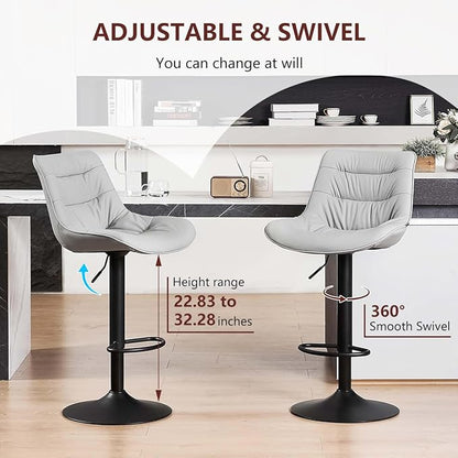 Kidol & Shellder Bar Stools Set of 2 Adjustable Swivel Gray, PU Leather Upholstered with Back, Modern Counter Height Stools for Kitchen Island, Home Bar
