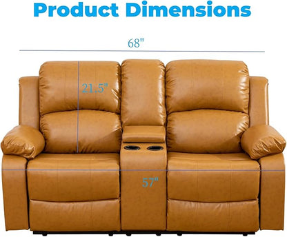 Loveseat Recliner Sofa, Reclining Loveseat Leather Couch with Storage Console, Modern Comfy Home Theater Seating Power Recliner Chair with Cup Holders for Living Room Furniture Sets, Orange
