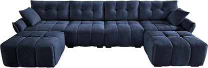 Modern Chenille Fabric 4-Seat Sofa w/Two Ottoman+2 Pillows, Premium Upholstery Living Room Couch with Tufted Backrest & Comfortable Armrests and High-Resilience Memory Foam Cushions,Blue