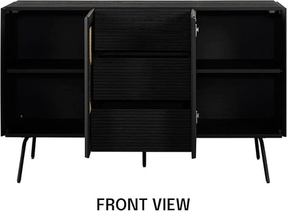 NTC MOSSIC Sideboard with 2 Doors and 3 Drawers, Buffet Cabinet with Natural Rattan and Metal Legs, Modern Storage Cabinet for Living Room, and Hallway, Effortless Assembly - Burnt Black