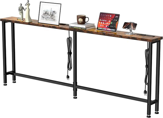 GRLEAF 90" Sofa Table with Built-in Power Strip (4 AC Outlets & 4 USB Ports) – 4.9ft Power Cord, Metal Frame, Easy Assembly, Long Couch Table Behind Sofa, Living Room and Home Office | Rustic Brown