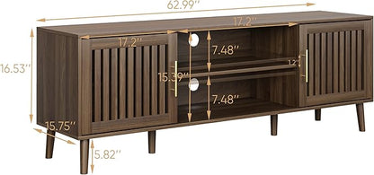 Smuxee Walnut TV Stand with Grille Striped Design, 62.99" Mid Century Modern TV Media Console for TVs up to 70", TV Cabinet with Adjustable Shelf & 2 Cabinets for Living Room