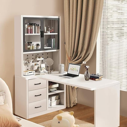 L Shaped Gaming Desk with Drawers and Cabinet Minimalist Computer Desk with 5-Tier Shelf & 3 Storage Drawers, White Office Desk for Home PC Gaming Study Table for Bedroom Small Spaces
