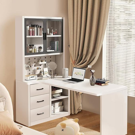 L Shaped Gaming Desk with Drawers and Cabinet Minimalist Computer Desk with 5-Tier Shelf & 3 Storage Drawers, White Office Desk for Home PC Gaming Study Table for Bedroom Small Spaces