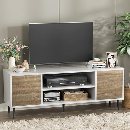 YESHOMY Modern TV Stand for 65" Television, Entertainment Center with Two Storage Cabinets and Open Shelves, Retro Style Media Console for Living Room, Bedroom, Office, 58 Inch, White and Oak