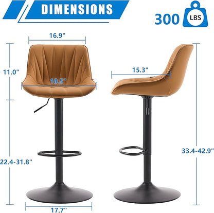 YOUNIKE Saffron Bar Stools Set of 2, Tan Swivel Barstools for Kitchen Island, Adjustable Leather Padded Bar Chairs with Back, Modern Counter Height Stools with 300LBS Support