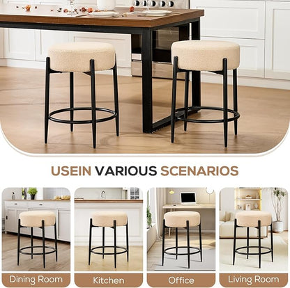Modern Dining Chairs Set of 4, 23.6" Beige Round Backless Boucle Sherpa Upholstered Dining Chair with Solid Metal Legs for Kitchen, Living Room