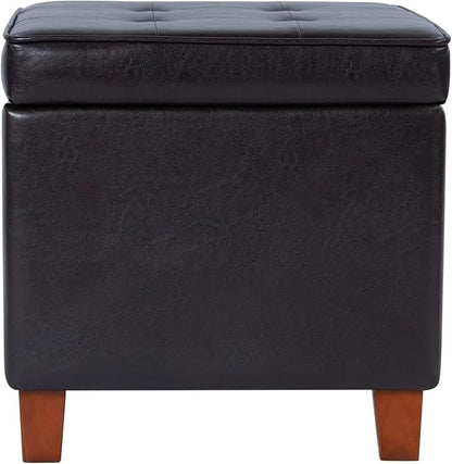 HomePop Leatherette Tufted Square Storage Ottoman with Hinged Lid, Brown Small