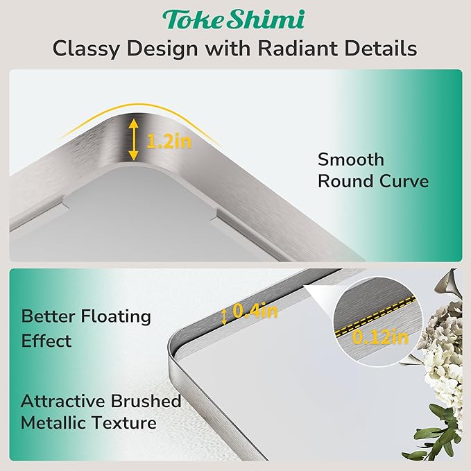 TokeShimi 16x20 Brushed Nickel Bathroom Mirror,Vanity Mirror Bathroom Wall with Tempered Glass,Modern Metal Framed Mirror with Aluminum Frame(Horizontal/Vertical)