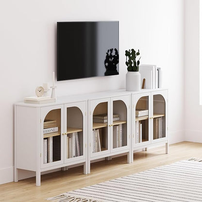 Nathan James Mason Wood Storage Cabinet Accent Sideboard Buffet Credenza TV Stand with Glass Doors and Adjustable Shelf for Dining Room, Entryway or Living Room, Clear Glass/White/Light Oak, Set of 3