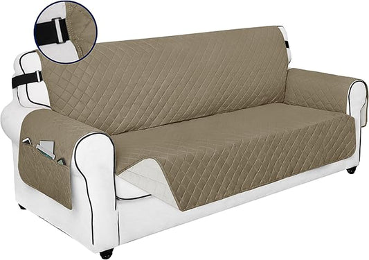 PureFit Reversible Sofa Couch Cover Water Resistant Couch Covers for 3 Cushion, Washable Furniture Cover with Non-Slip Foam and Adjustable Strap for Dogs, Pets (Sofa, Beige/Ivory)