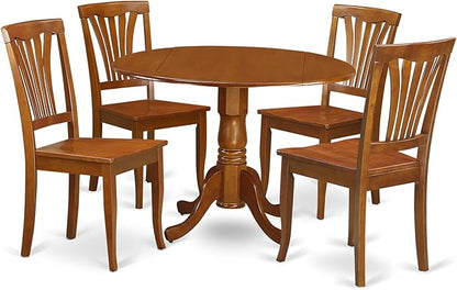 East West Furniture DLAV5-SBR-W 5 Piece Kitchen Table & Chairs Set Includes a Round Dining Room Table with Dropleaf and 4 Dining Chairs, 42x42 Inch, Saddle Brown