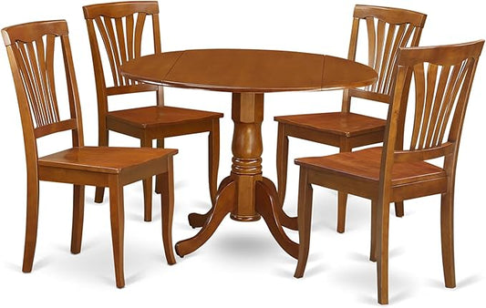 East West Furniture DLAV5-SBR-W 5 Piece Kitchen Table & Chairs Set Includes a Round Dining Room Table with Dropleaf and 4 Dining Chairs, 42x42 Inch, Saddle Brown