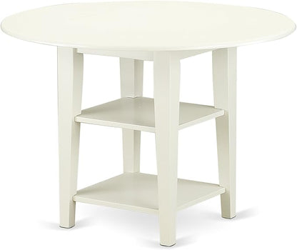 East West Furniture SUAD3-LWH-LC 3 Piece Dining Set Contains a Round Dining Room Table with Dropleaf & Shelves and 2 Faux Leather Upholstered Chairs, 42x42 Inch, Linen White