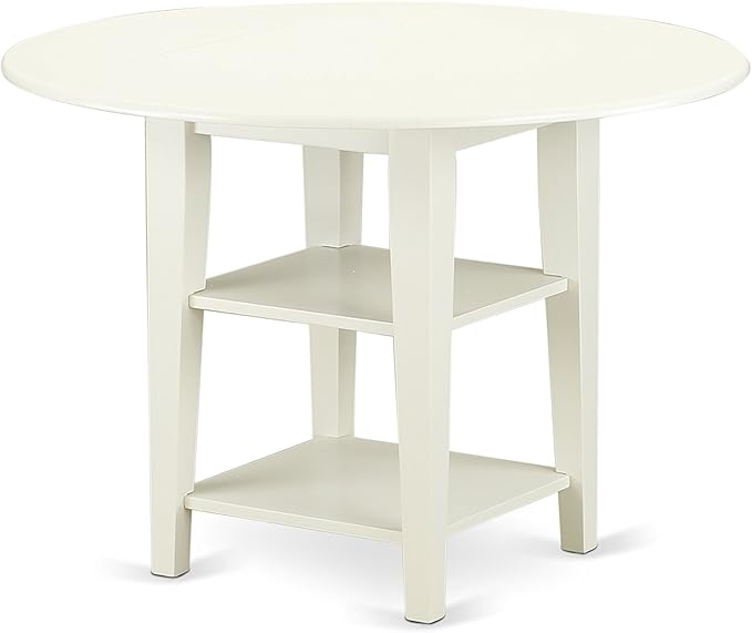 East West Furniture SUDA5-LWH-C 5 Piece Kitchen Table Set for 4 Includes a Round Dining Room Table with Dropleaf & Shelves and 4 Linen Fabric Upholstered Chairs, 42x42 Inch, Linen White