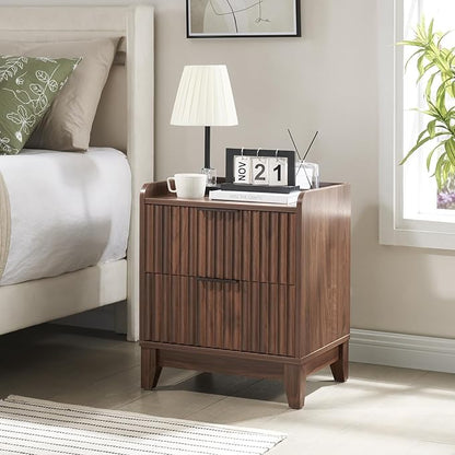 Wnutrees Fluted Nightstand with Charging Station, Modern Bedside Table with 2 Drawers, Farmhouse Wooden End Side Table for Living Room, 2Pack, Brown