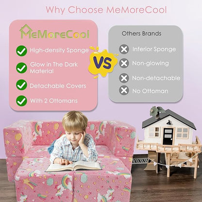 MeMoreCool Modular Kids Sofa,Toddler Play Couch Fold Out for Playroom, Glow in Dark Convertible Plush Unicorn Foam Chair for Baby Childrens