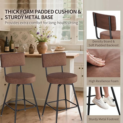 Bar Stools Set of 2, 25 Inch Swivel Bar Stools Bar Chairs, Faux Leather Counter Height Bar Stools with Backrest, Stools for Kitchen Counter Island Rustic Farmhouse, Brown