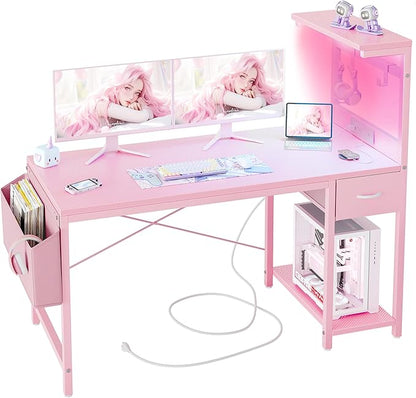 TIQLAB Gaming Desk 55 inch with Power Outlet and LED Light, Computer Desk with Reversible Shelves and Storage Drawer, Small PC Desk for Home Office Table with Bag, Carbon Fiber Pink
