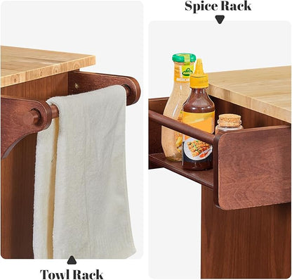 Rovibek Kitchen Island On Wheels Rolling Islands with Storage & Drawers Cabinet Spice Rack Towel Rack, Brown