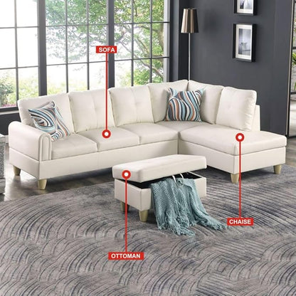 Pearl White L-Shaped 3-Piece Faux Leather Sofa with Storage Ottoman Set, Sectional Couch Sofa Set for Living Room, Office, Small Space