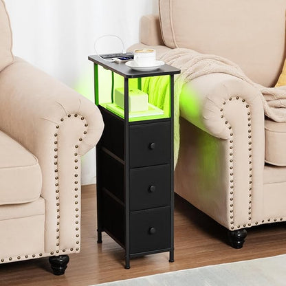 Narrow End Tables Living Room Set of 2 with Charging Station, Skinny Side Table with Fabric Drawers, Slim LED Nightstand for Bedroom, Small Spaces, Couch, Black, HETNDP03LBK