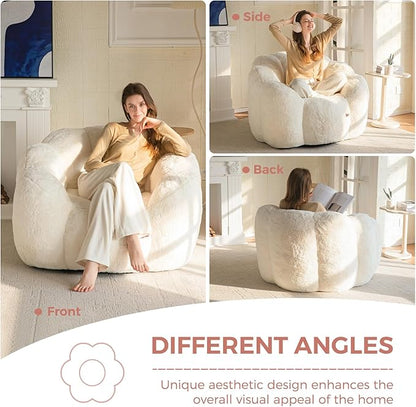 MAXYOYO Bean Bag Chair for Adults, Floral Shaped Bean Bag Sofa, Ultra Soft Faux Fur Floor Sofa, Large Reading Chair for Living Room Bedroom, Beige, Single