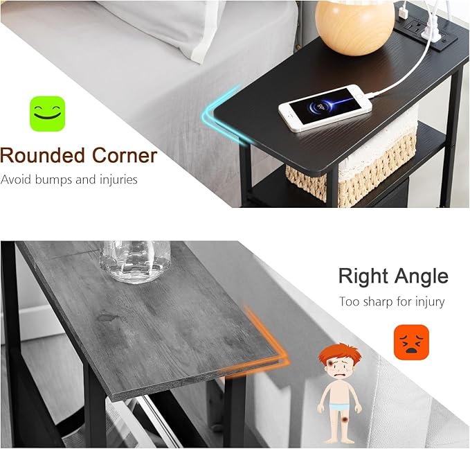 Narrow End Tables Living Room Set of 2 with Charging Station, Skinny Side Table with Fabric Drawers, Slim LED Nightstand for Bedroom, Small Spaces, Couch, Black, HETNDP02LBK
