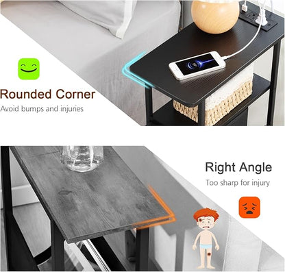 Narrow End Tables Living Room Set of 2 with Charging Station, Skinny Side Table with Fabric Drawers, Slim LED Nightstand for Bedroom, Small Spaces, Couch, Black, HETNDP02LBK