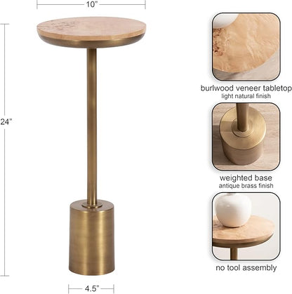 Kate and Laurel Xyler Modern Round Wood and Metal Drink Table, 10 x 10 x 24, Burlwood and Antique Brass, Transitional Pedestal Table for Use as Indoor Plant Stand or Living Room Decor Accent