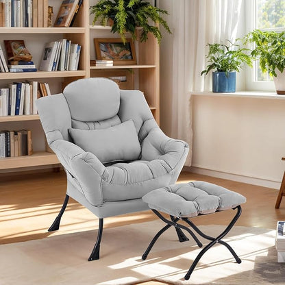 Lazy Chair with Ottoman, Modern Lounge Chair with Lumbar Pillow, Accent Cozy Reading Armchair and Folding Footstool for Bedroom, Dorm, Living Room,Light Grey