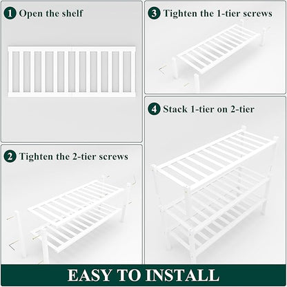 Smiry Shoe Rack, 3 Tier Small Bamboo Shoe Organizer, Stackable Free Standing Wooden Shoe Storage Shelf for Closet, Entryway, Front Door Entrance, White