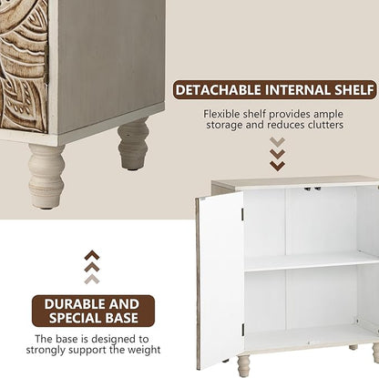 COSIEST Set of 2 32" Buffet Sideboard Cabinets with Storage, Accent Cabinet with Push-to-Open Doors, Vintage Lotus Carved Pinewood Doors, Entryway Console for Living Room, Kitchen, Hallway, Gray