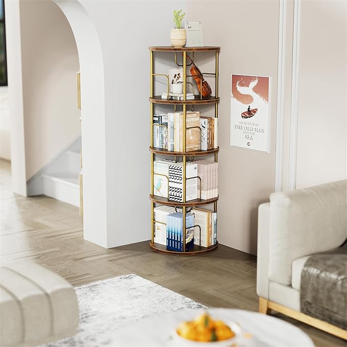 Rotating Bookshelf, 4 Tier Spinning Bookshelf Tower, 360° Display Unique Round Bookcase, Floor Standing Corner Revolving Bookshelf Storage Organizer for Small Spaces, Home Study Office, Gold