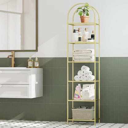 Homhedy Bookshelf Arched Display Racks,Metal Bookcase,Tempered Glass Shelves,Storage Rack Shelf for Home Office,Living Room,Bedroom, Bathroom,Modern Style (Golden, 11.8" D x 13.8" W x 68.1" H)