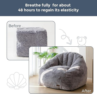 MAXYOYO Giant Bean Bag Chair, Oversized Bean Bag Couch for Adults and Kids, Faux Fur Shell-Shaped Large Chair with Filler, Stuffed Big Accent Sofa Lounge Floor Sofa for Gaming, Reading, Dark Grey