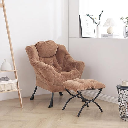 LITA Lazy Chair with Ottoman, Modern Accent Leisure Upholstered Sofa Chair, Lounge Reading Chair with Armrests and a Side Pocket for Living Room, Bedroom & Small Space, Plush Brown