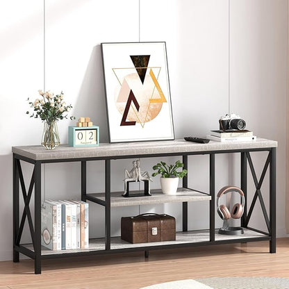FOLUBAN Modern TV Stand for TV up to 65 Inch, Rustic Wood Entertainment Center with Storage Shelves, Industrial Media TV Console for Living Room, Farmhouse TV Table for Bedroom, 55 Inch Light Grey