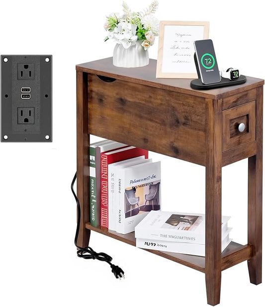 Chairside Table with Charger,Cherry End Table with Movable Top and Charging Station, Narrow Side Table with Storage Cabinet and USB, Sofa Table for Living Room Bedroom