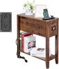 Chairside Table with Charger,Cherry End Table with Movable Top and Charging Station, Narrow Side Table with Storage Cabinet and USB, Sofa Table for Living Room Bedroom