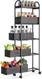 KINGRACK 5-Tier Slim Storage Cart with Pull Out Basket, Rolling Bathroom Organizer Utility, Metal Shelving Unit Slide Out, Lockable Wheels, Easy Assembly for Narrow Place, Kitchen, Laundry Room, Black