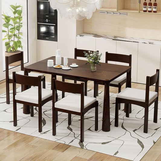 Dining Table with Chairs Set of 6, 7-Piece 60" Farmhouse Rectangular Dining Room Table with 6 Upholstered Solid Wood Chairs, Space Saving Kitchen Tables for Small Place (Espresso)