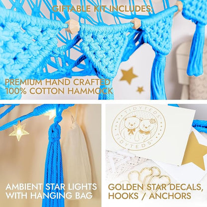 Macrame DreamLights Boho Stuffed Animal Storage Net Hammock Extra Large Plush Toy Storage Holder For Small Or Large Plushies BLUE
