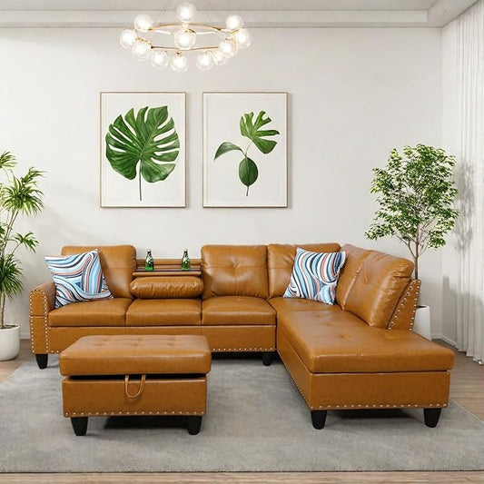 Modern Living Room Furniture Sets with Cup Holder, Modular Sectional Couches with Chaise Lounge, 4-Seaters L Shape Sofa with Storage Ottoman, for Living Room, Faux Leather, Ginger